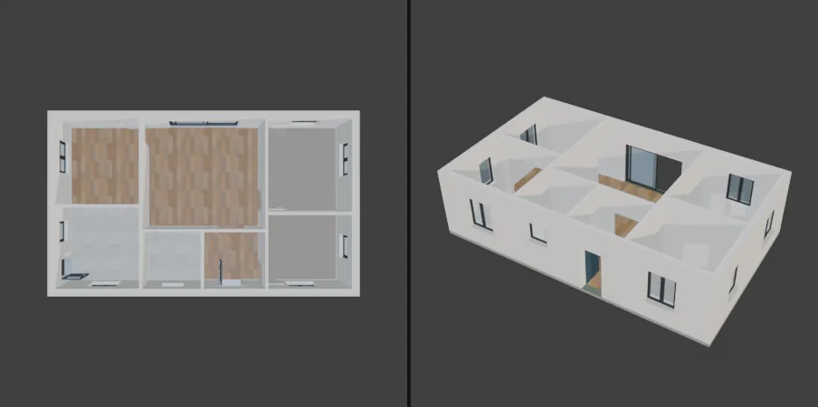 The agent's first test build with roof and ceilings hidden, seen from above and from the street side: seven rooms laid out from the plan's coordinates, door and window openings cut, floors already in oak, tile and carpet.
