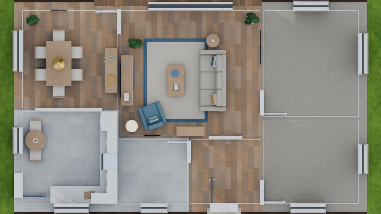The furnished plan, seen through a camera that cuts the house at 2.9 m: a table for six in the dining room, sofa, armchair and rug in the living room, an L-shaped kitchen with a breakfast table, and the two bedrooms left empty as asked.