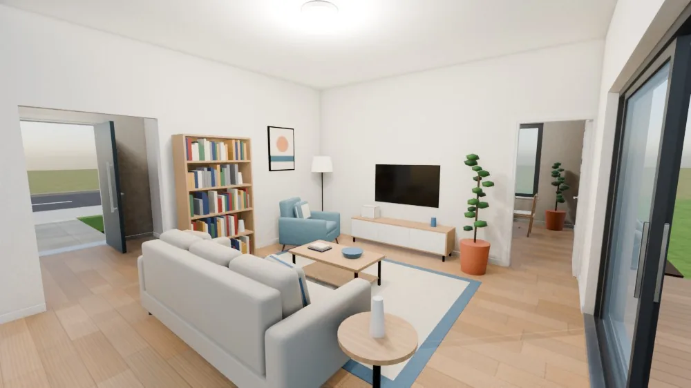 Test render of the living room: the sofa faces the TV wall, with a bookcase and an armchair. On the left the opening to the hall lines up with the open front door and the street; on the right is the sliding door to the terrace.