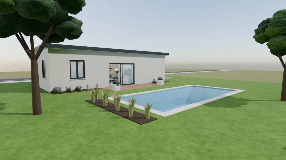 The garden side in daylight, before the second message: the 9 × 4 m pool with its entry steps, the terrace outside the sliding door, planting beds and the two trees from the plan.