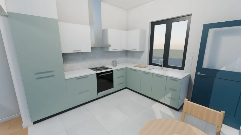 The kitchen: L-shaped units with the sink under the window, hob and hood, oven and a tall fridge-freezer. The units stop short of the back door on the right so it can open fully.
