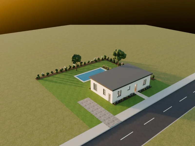 The delivered scene after the second message, in golden-hour light: the sun is low beyond the pool, and the shrubs along the back boundary throw long shadows across the lawn.