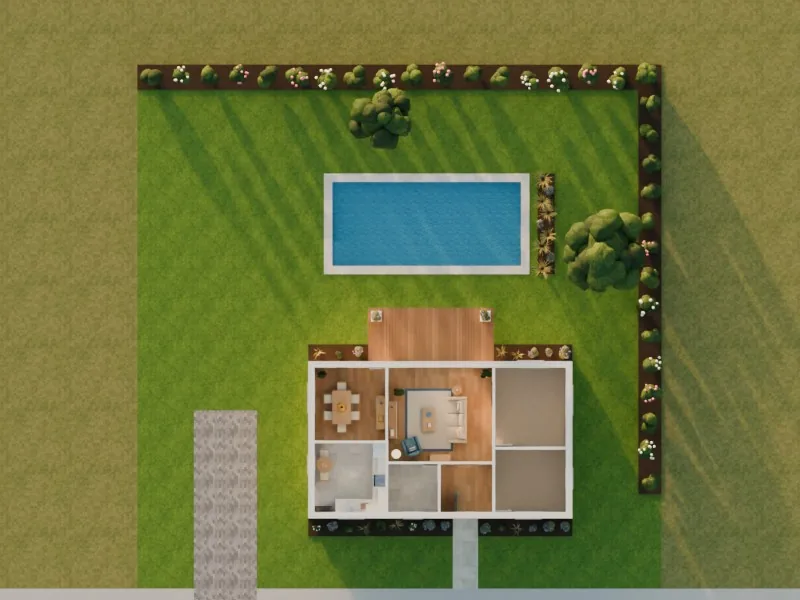 The same scene from directly above with the roof cut away, to set beside the plan: the furnished rooms, terrace, pool, the two trees, planting along the back and side boundaries, the driveway and the front path.
