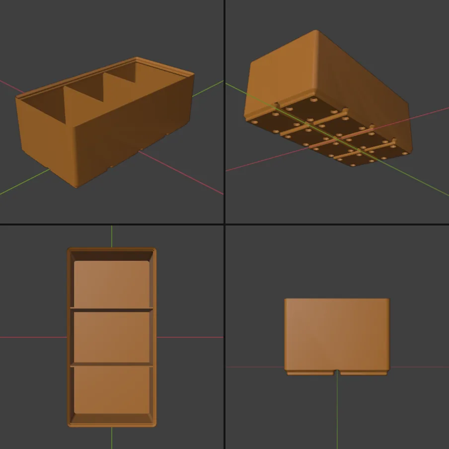 First look at the bin (83.5 × 167.5 × 60.4 mm) in four views: three compartments and the stacking lip on top, eight feet with 32 magnet holes underneath.