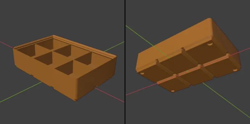 Trying other settings: 3 × 2 units, 4 units tall, a divider added along the long side and magnets only at the outer corners give six compartments. Just before this, the agent built 14 combinations from 1 × 1 to 6 × 6 units, and each came out as a single watertight solid.