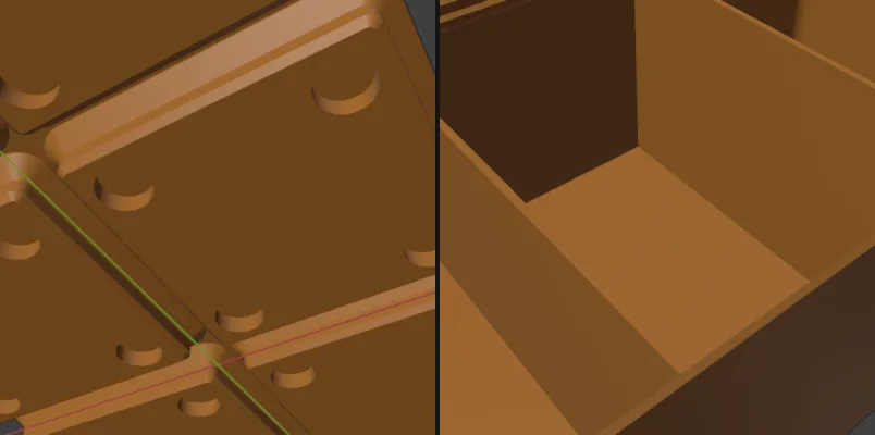 Close-ups of the default bin: the underside with its chamfered feet, the grooves between them and the magnet holes, and the inside of one compartment.