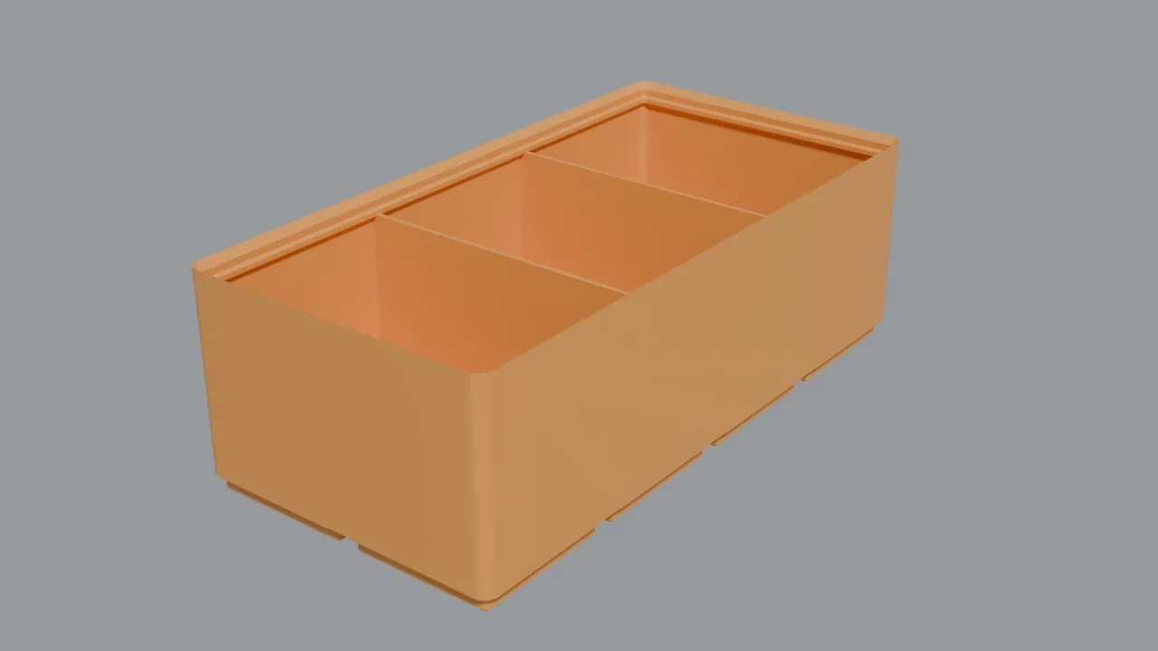 The bin after the second message: 56.0 mm tall overall, lip included, 2 mm under the 58 mm drawer. Footprint, lip shape and feet are unchanged; the walls are 4.4 mm shorter.