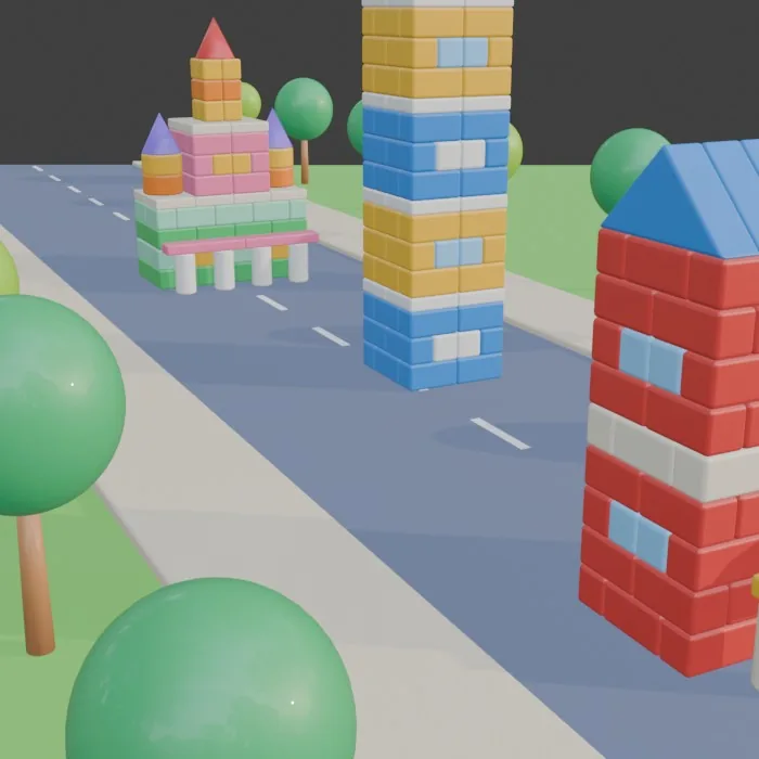 The agent's viewport once the street is built: the red brick cottage, the blue-and-yellow tower and the town hall with its turrets, 292 blocks in all, before any physics runs.