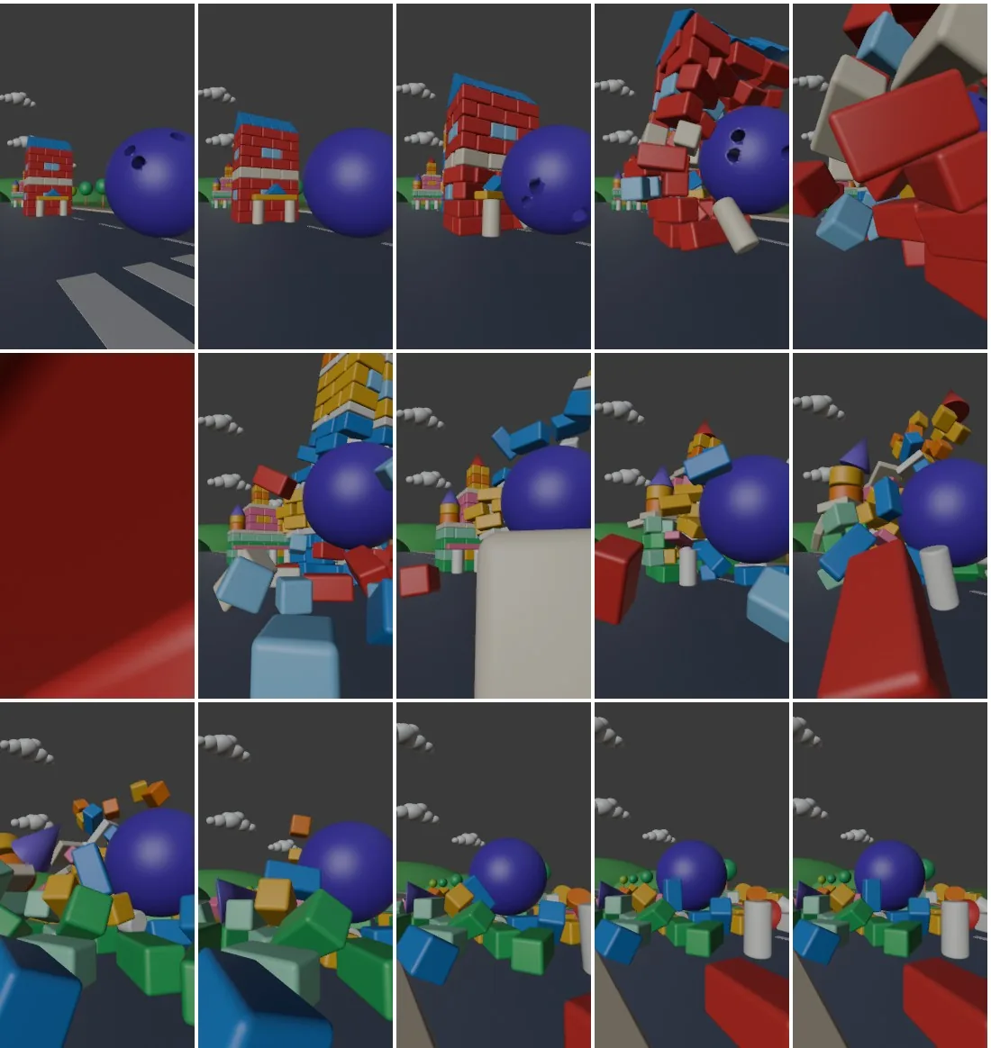 An early camera move, checked as a 15-frame contact sheet from frame 1 to 240. The camera runs too close to the cottage: its bricks fly through the lens, and at frame 58 a red brick fills the whole picture.