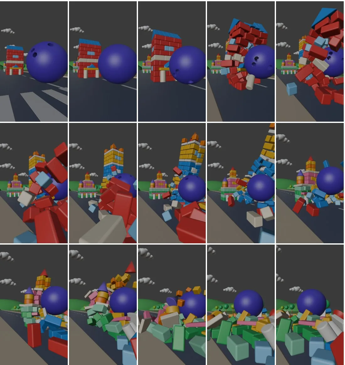 Another 15-frame check from frame 1 to 240, after the agent measured how close every block comes to the camera, moved the roadside trees back to open a lane beside the street, re-ran the simulation and re-planned the camera move: no frame is blocked, and no block comes within 0.78 m of the camera.