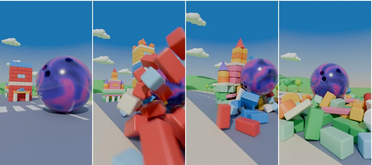 Test renders of frames 1, 50, 96 and 240, after the agent toned down the ball's swirl and reworked its spin so that it rolls instead of skidding over the rubble and comes to rest with the finger holes toward the camera.