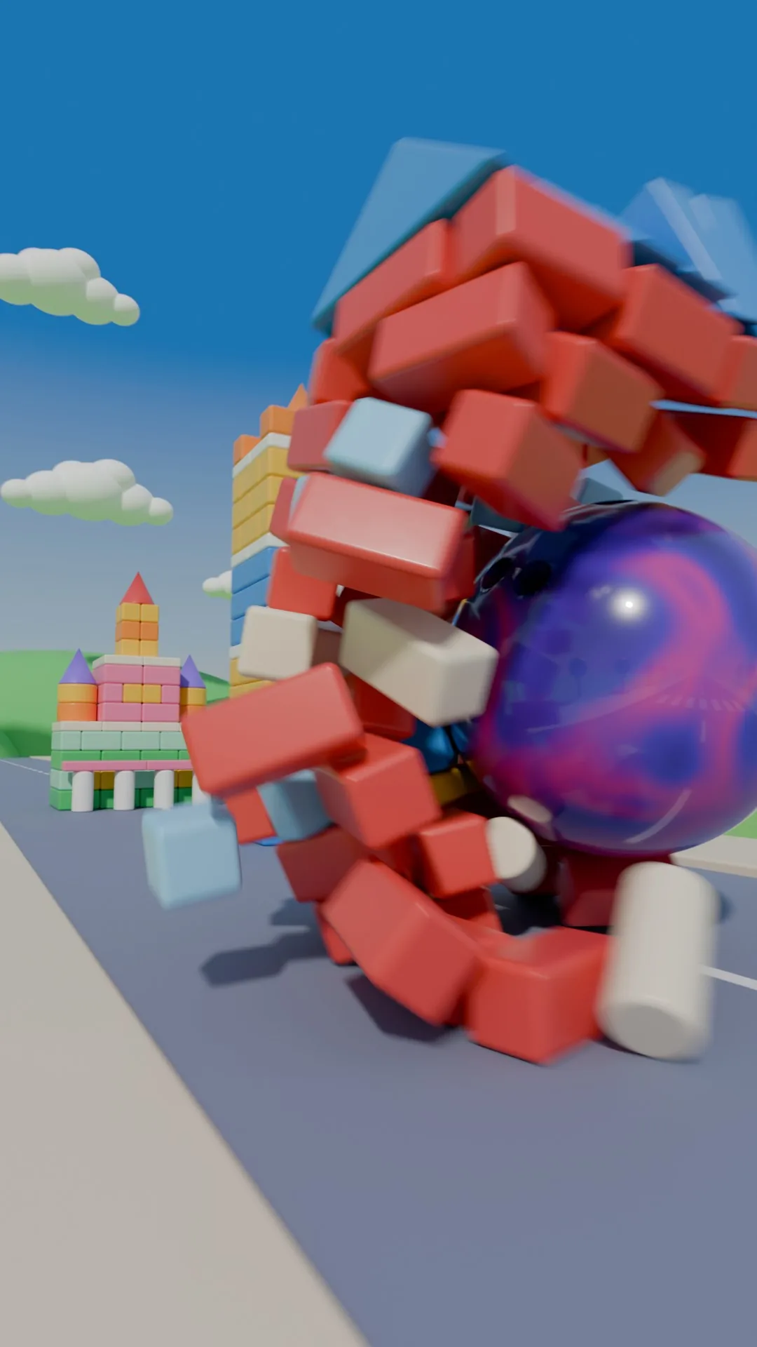 Full-resolution test render of frame 36: the cottage bursts apart around the ball, with motion blur and depth of field, while the tower and the town hall wait down the street.