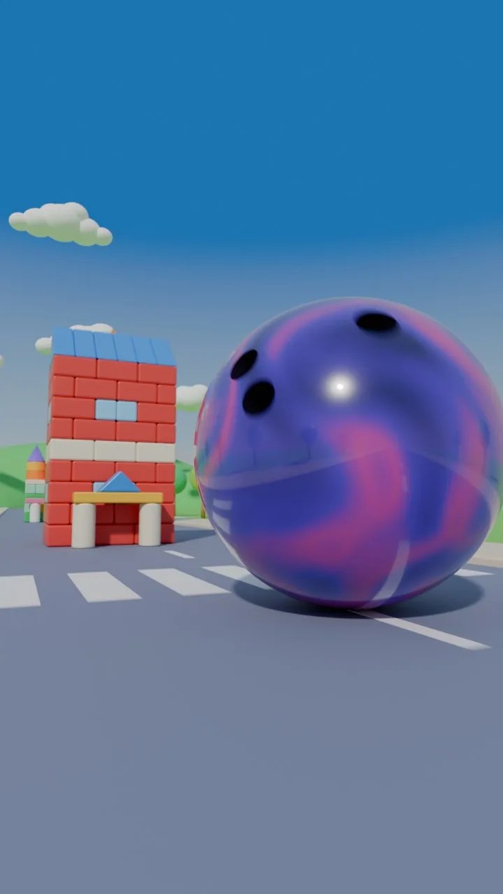 The delivered scene through its camera: the ball rolls toward the red brick cottage.