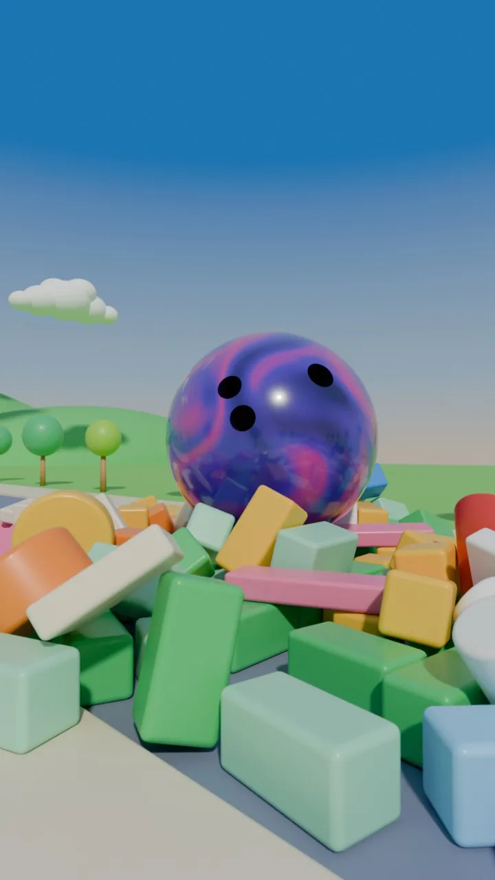 The last frame: the ball rests on the rubble with its finger holes toward the camera, nothing has moved since frame 198, and open sky leaves room for the end card.