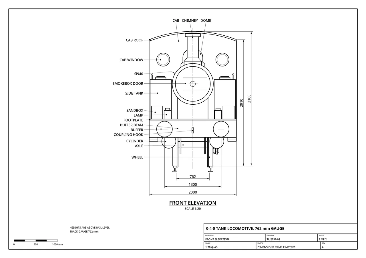 loco_front.png, the front elevation: 2000 mm wide on 762 mm gauge track, smokebox 940 mm across, buffers 1300 mm apart.