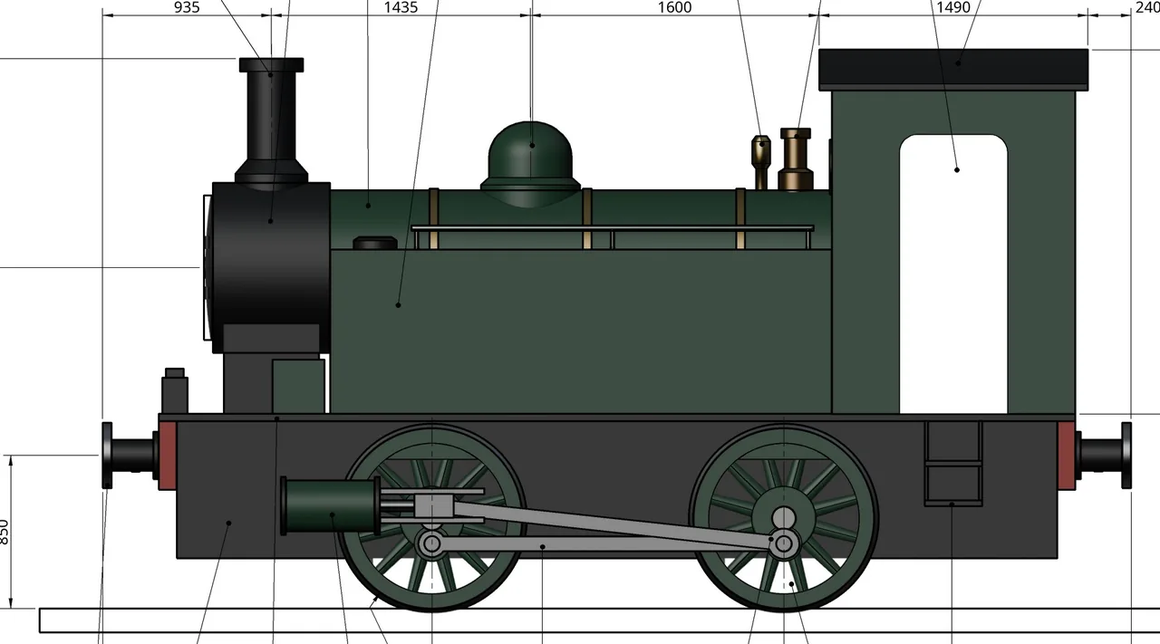 The agent rendered the model side-on at the drawing's 1:20 scale and laid the side elevation over it: the drawn lines fall on the edges of every part, from buffers and wheels to chimney and cab.