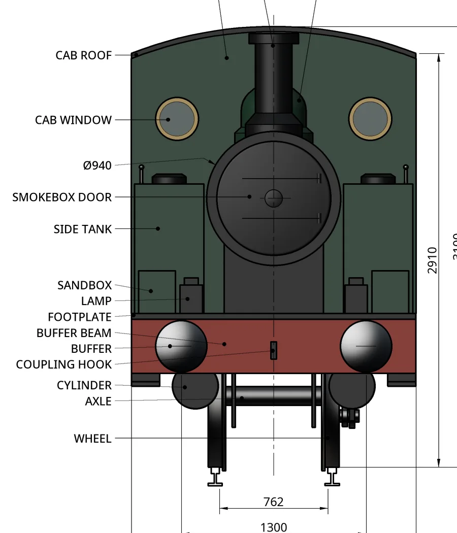 The same check from the front: roof arch, round front windows, smokebox door, tanks, buffers and wheels all sit on the drawing's lines, with its part labels still in place.
