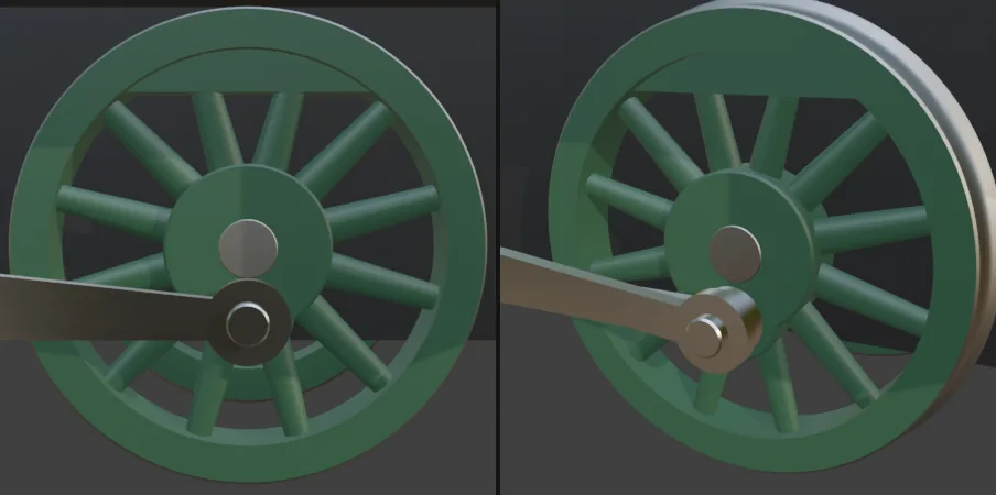 A trailing wheel up close: twelve spokes as the parts list asks, the balance weight opposite the crank, and the connecting rod on its crank pin.