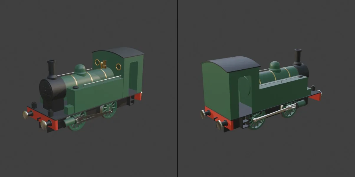 Both sides with materials shown. The request named no colors, so the agent chose them: green body, black smokebox, red buffer beams, brass fittings.