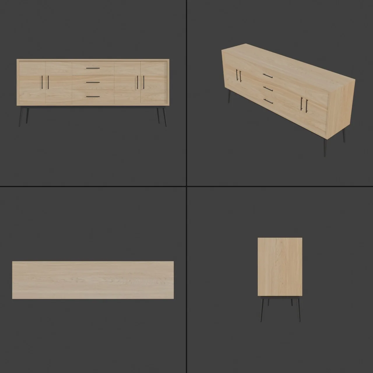 The agent's first look at its build in the viewport, from the front, three-quarter, top and right: body, four doors, three drawers, bar handles, frame and splayed legs.