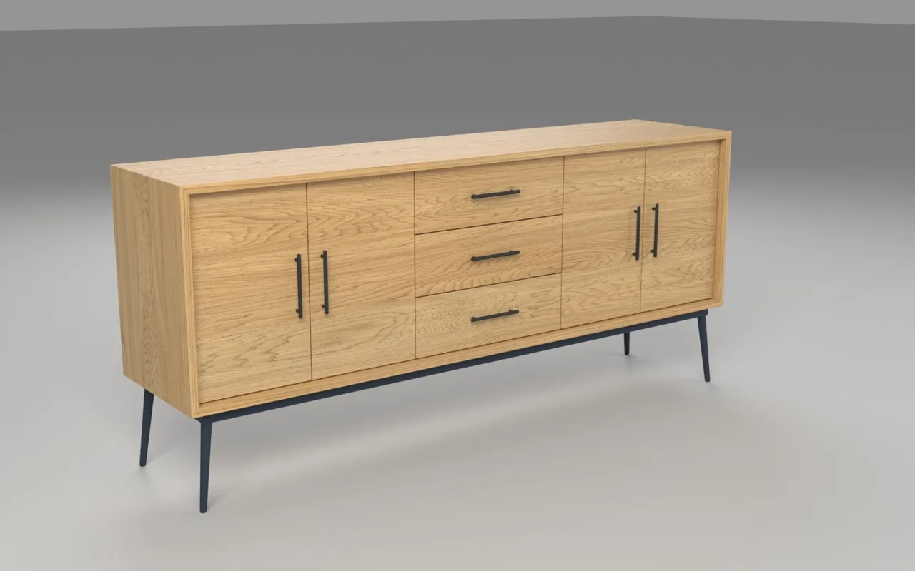 The fourth finish from the second message, from the same camera: frame and legs in steel blue under the oak body, handles still matte black.