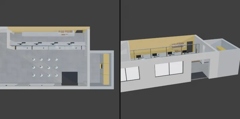 The room shell with the counter, three locker banks and twelve queue posts in place, seen from above and from outside the entrance wall with the ceiling hidden. The counter runs along the wall opposite the entrance, and the alcove opens off the right-hand end of the hall.