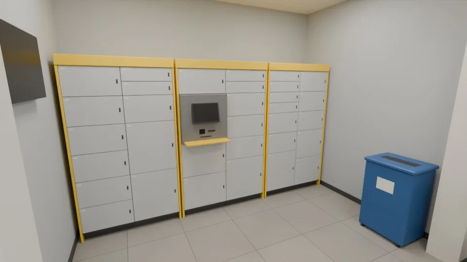 Test render of the alcove: three locker banks with mixed compartment sizes, the middle one carrying the terminal, whose screen is a blank dark panel. The wall display on the left is blank too.