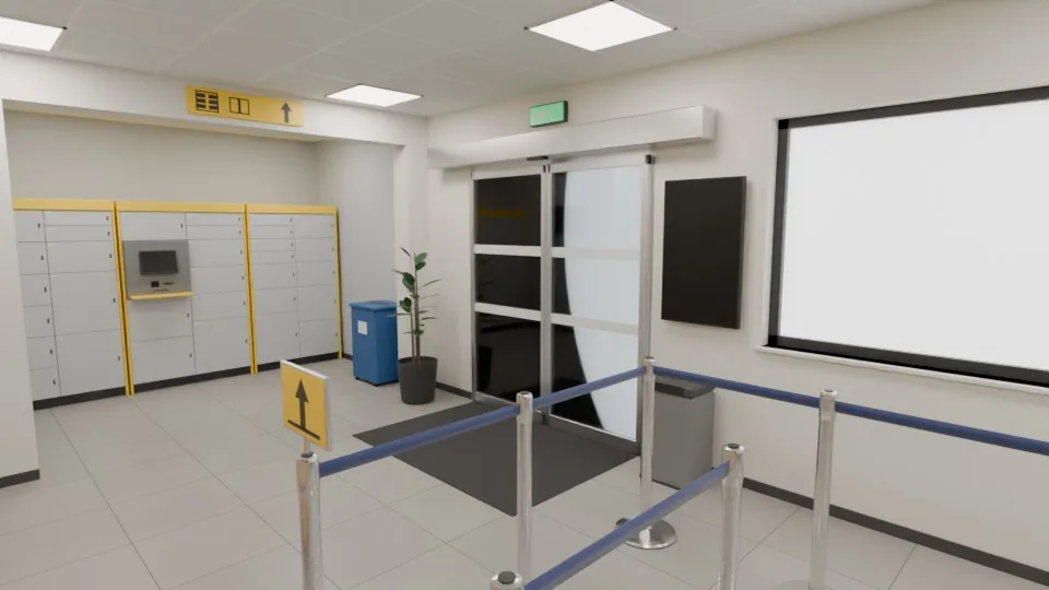 First test render of the entrance: the panes of the left sliding door, and part of the right one, come out black where daylight should show through. The agent renders the doorway again with the door hidden and shown to find out why.