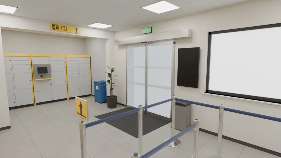The same view after the fix: the glass material also reflected on the inner face of each pane and trapped the light there, so the agent limited reflection to the front faces. The portrait display by the door stays blank, and the signs use only arrows and icons.