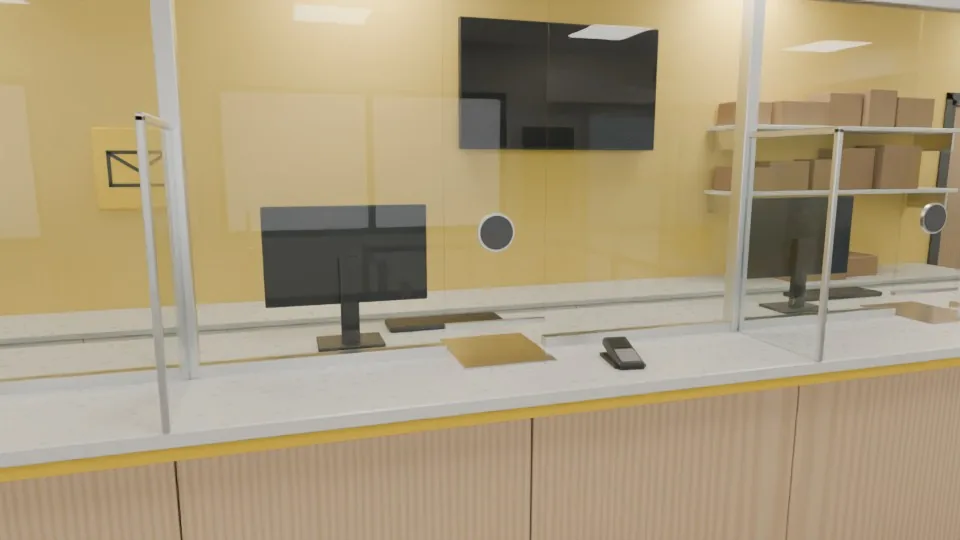 The counter seen from the hall: clear glazing with a speaking grille, a deal tray and a card terminal, and a wall display on the staff side that is a blank dark panel.