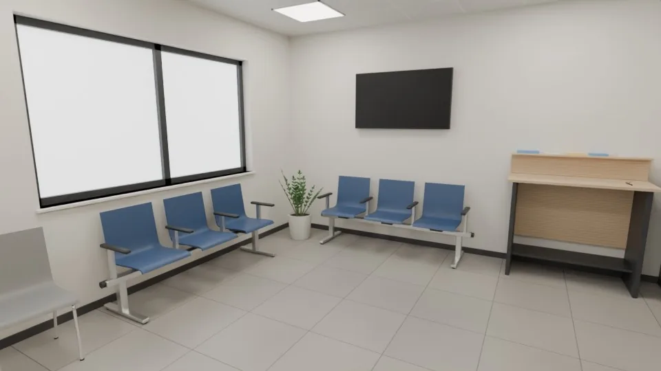 The waiting area: two linked rows of three seats and a single chair, each seat its own object, with a writing desk, a plant and another blank wall display.