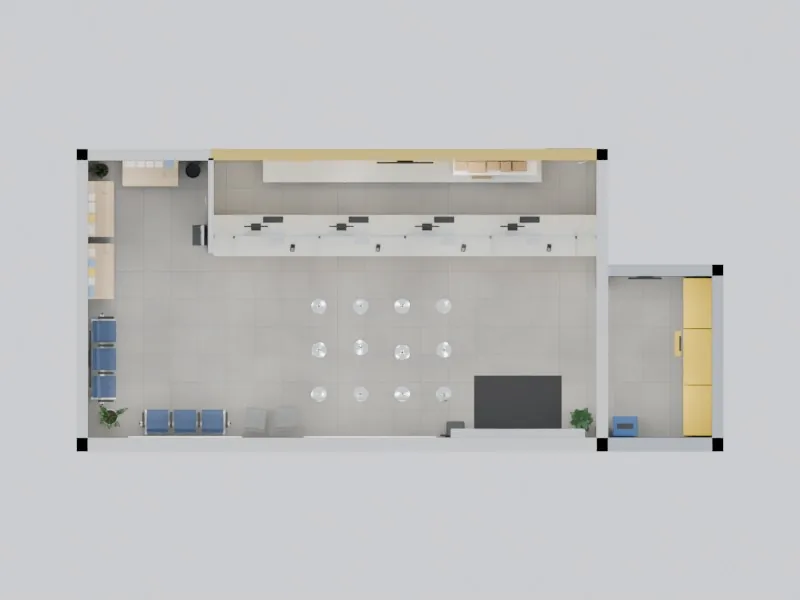 The finished layout from above with the ceiling and lights hidden: counter and staff area along the top wall, entrance at the bottom, writing desks in the top-left corner, waiting seats along the left and bottom walls, and the locker alcove on the right.