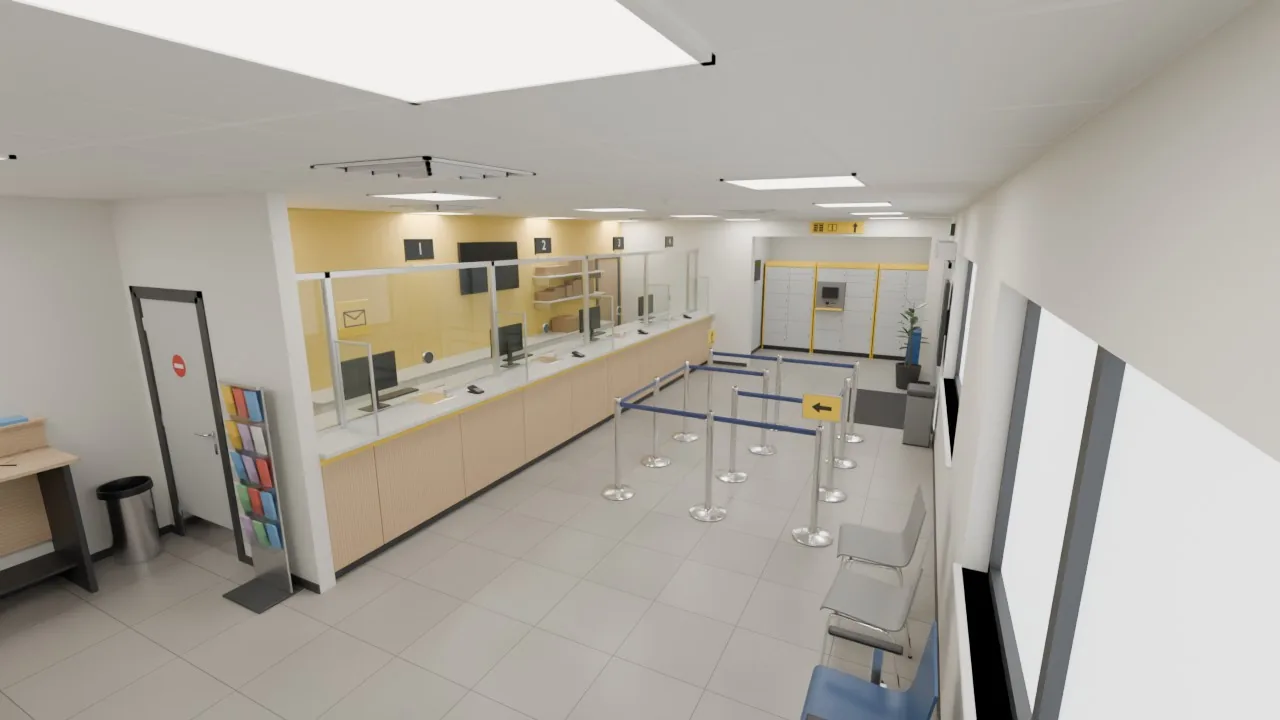 The finished hall through the camera saved in the file: the counter with four numbered positions, the queue posts, the locker alcove at the far end and waiting seats under the windows.