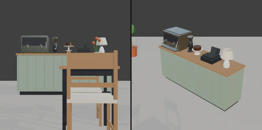 A close look at the counter from the front and from a three-quarter view. The counter and espresso machine are simple flat-sided shapes yet carry 10,752 and 21,120 triangles, and the small grinder carries 43,008: half the file in three objects.