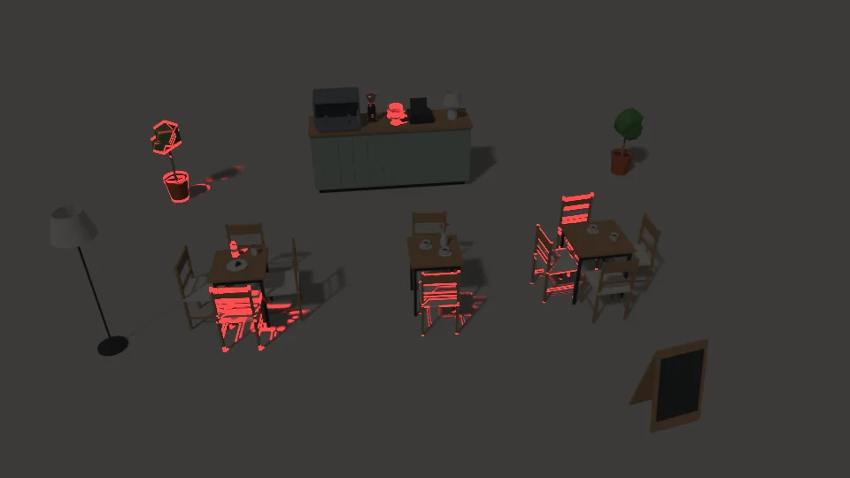 The agent's difference image of two renders from the existing camera, before and after its changes. Red marks the pixels that changed, and they sit only on the props it set down and their shadows.