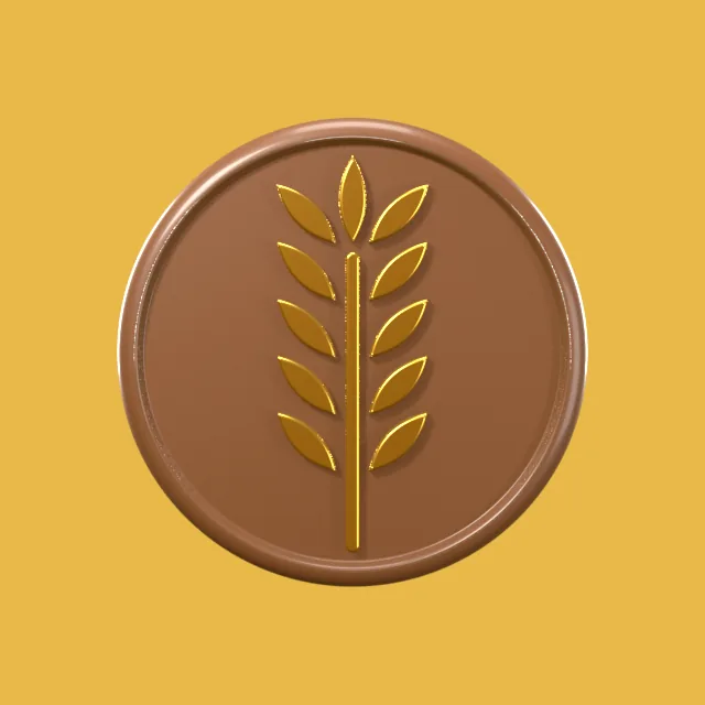 Brown badge with gold wheat on a gold background