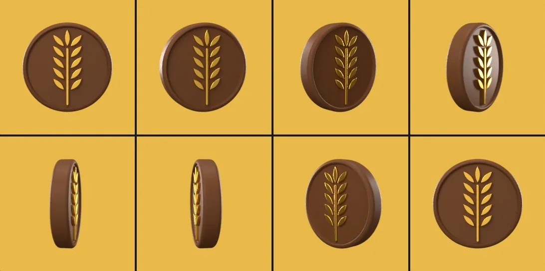 Eight test renders of the badge turning from 0° to 180°
