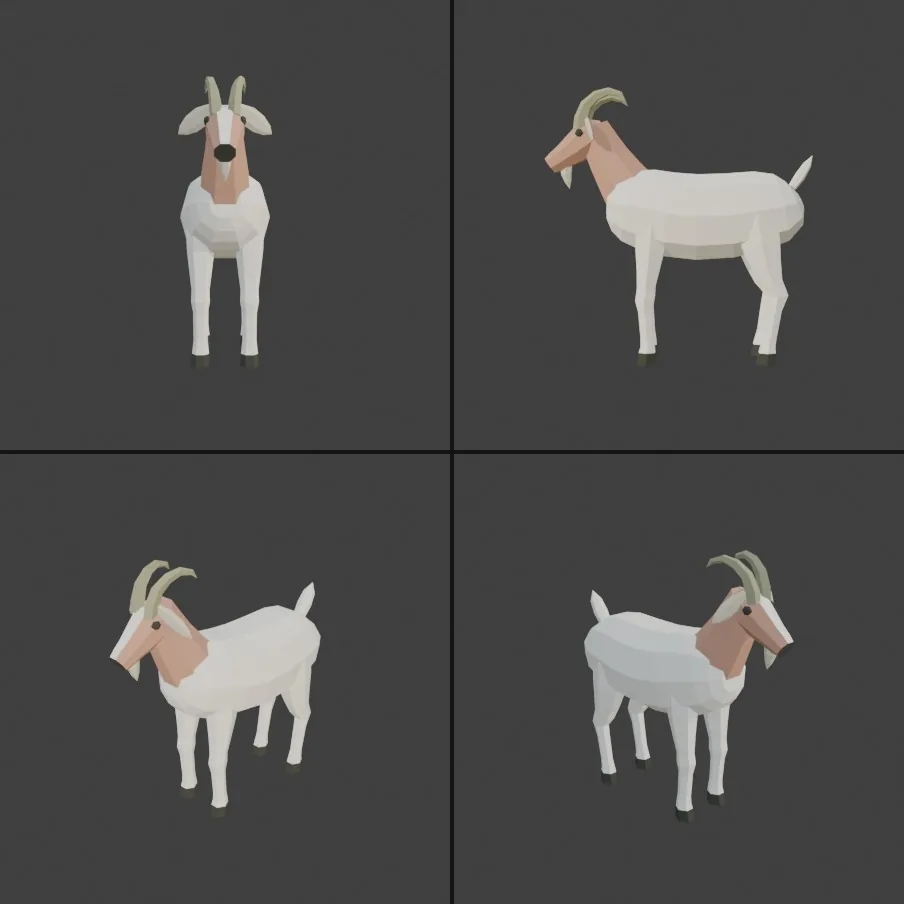 The goat from four sides: cream body, clay head and neck with a cream face stripe, sage horns, charcoal hooves. Every color comes from the six-color palette in the brief.