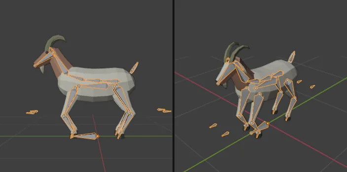 A test of the goat's leg rig, bones drawn over the mesh: with the body lowered 6 cm, the front knees bend forward, the hind hocks bend back and the hooves stay where they were. The small bones floating in front and behind are the knee targets.