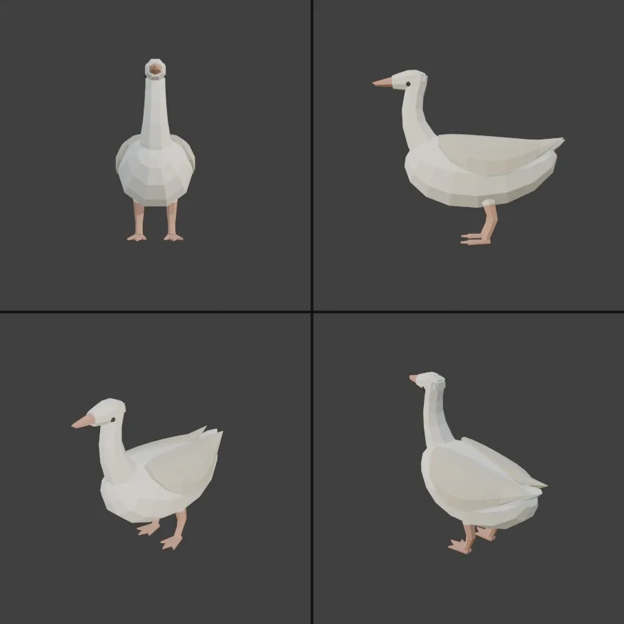 The goose from four sides: cream body, sand wings, clay beak and feet, charcoal eyes.