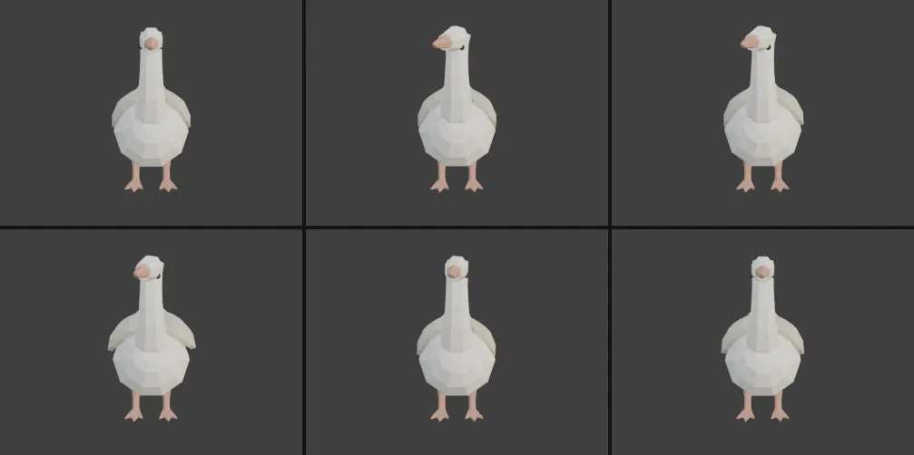 Six frames of the goose's idle loop from the front (frames 0, 18, 29, 31, 34 and 37): the head turns to one side and back, and at frame 31 both wings lift away from the body.