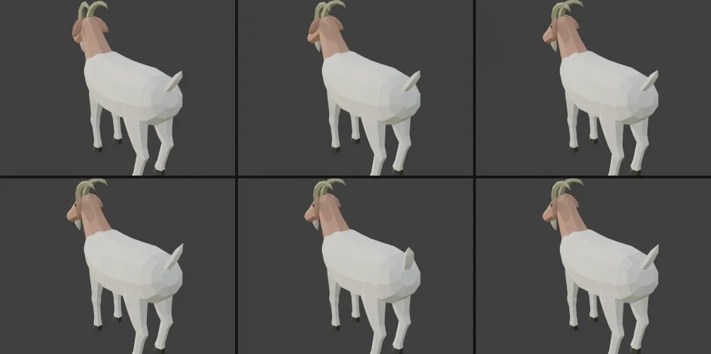 Six frames of the goat's idle loop from behind (frames 0, 13, 20, 27, 29 and 31): the head turns to the side, and from frame 27 to 31 the tail flicks from side to side.