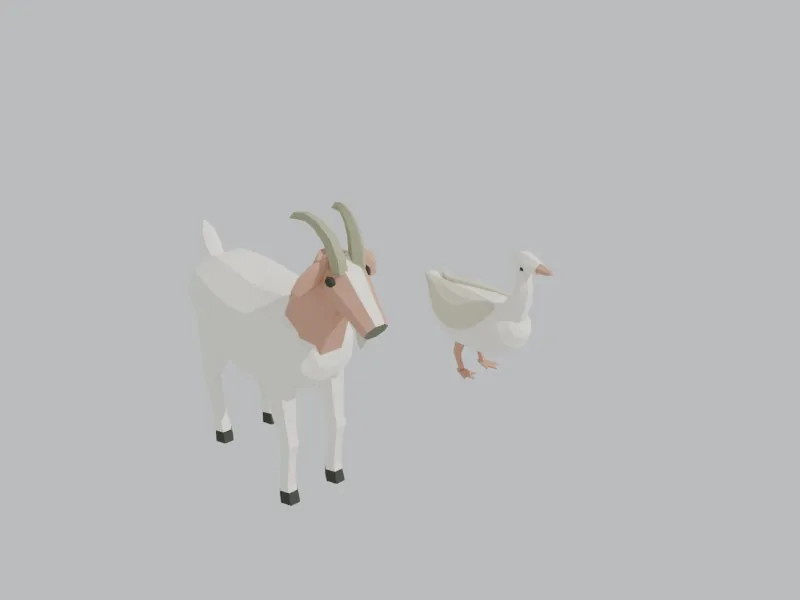 The delivered file, goat and goose side by side: flat shaded, no textures.