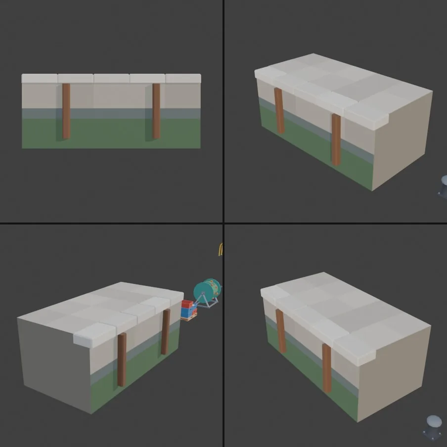 Four views of a gray quay wall section with pale coping blocks, two timber fenders and a green band along the bottom