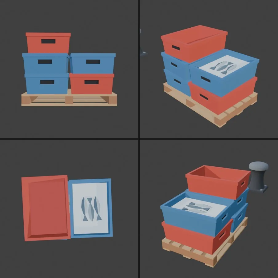 Four views of red and blue fish crates stacked on a wooden pallet, one crate filled with ice and three fish
