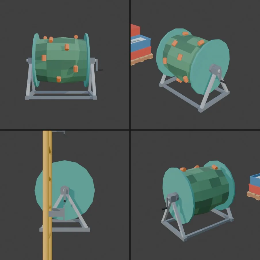 Four views of a teal net drum with green netting and orange floats on a steel stand, one view blocked by a yellow ladder