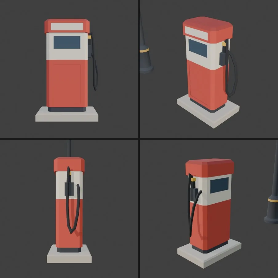 Four views of a red and cream fuel pump on a concrete base, with a thin black hose looping from the nozzle
