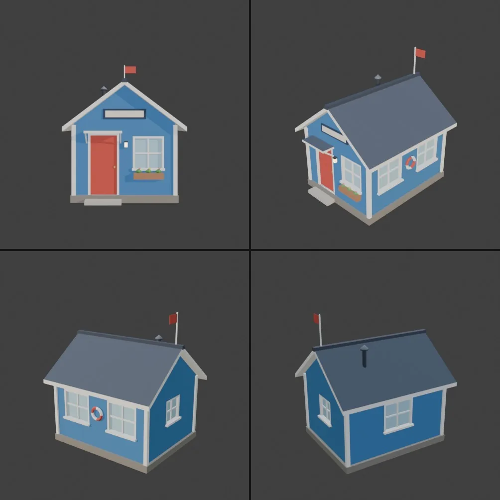 Four views of a small blue cabin with a red door, white trim, a flag on the roof and a lifebuoy on the side wall