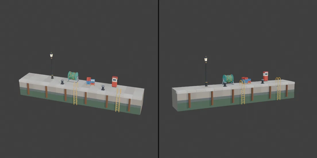 Two views of three quay sections joined into one long wall, with ladders on the wall face and props on the deck