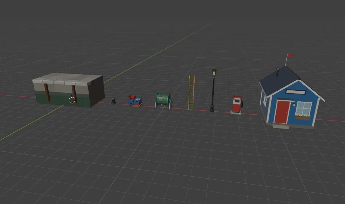 Blender viewport showing eight props in a row on the grid, from the quay section on the left to the blue harbor office on the right